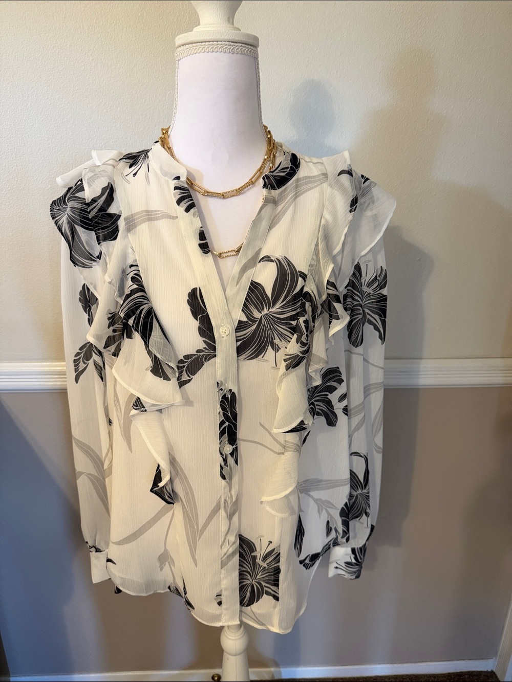 Ann Taylor White Blouse with Navy Floral Ruffle Detail